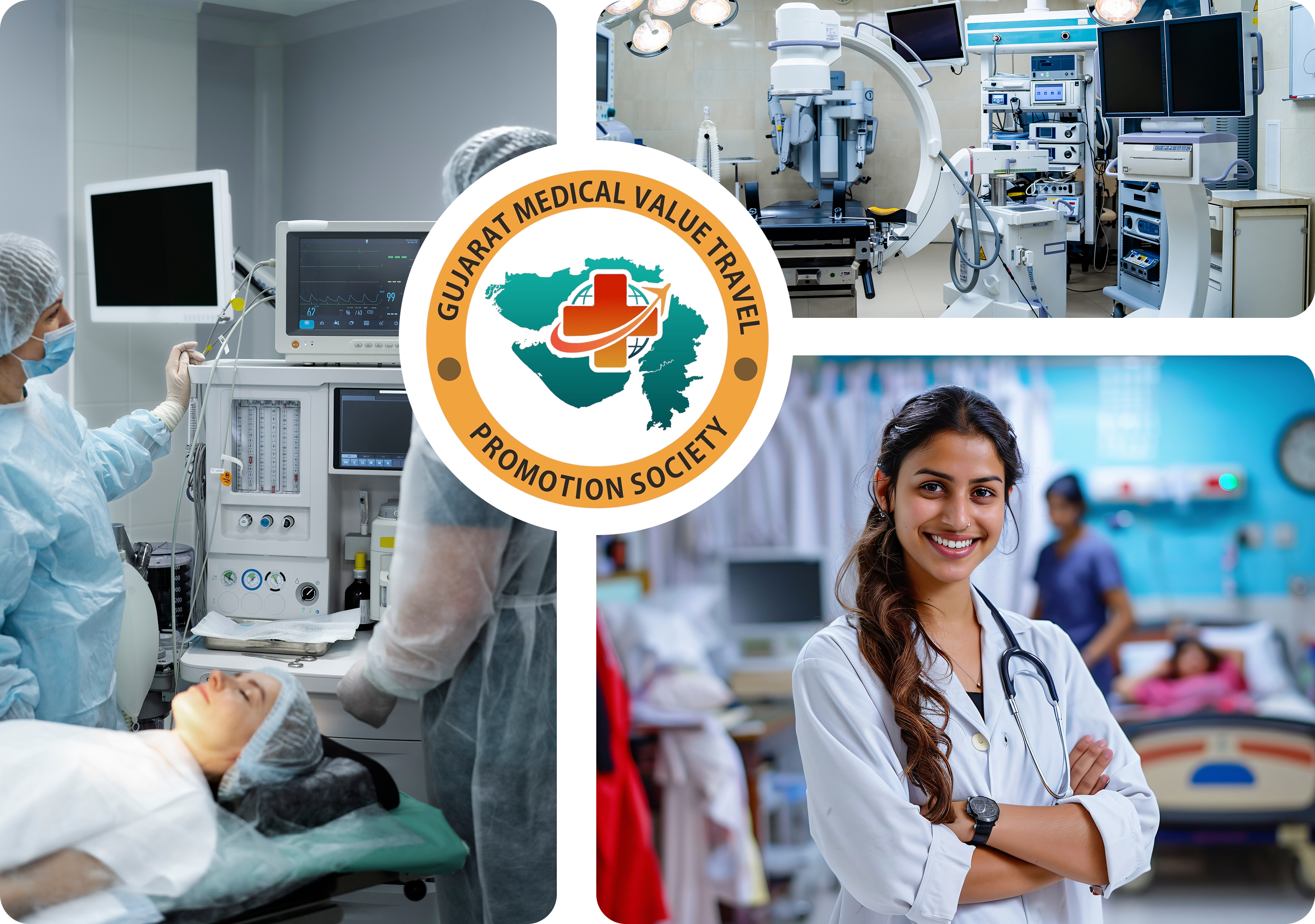 Gujarat Medical Value Travel Promotion Society - Medical facilities collage with logo