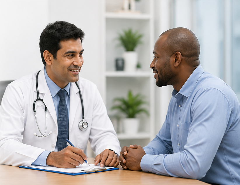 Indian doctor consulting with an international patient